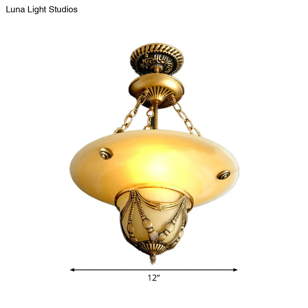 Traditional Brass Inverted Hat Shaped Chandelier - 3-Light White Glass Living Room Drop Lamp
