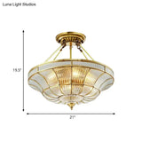 Traditional Brass Semi Flush Light With Clear Ribbed Glass Shade - 16’/19.5’ Wide 3/6 Lights
