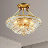Traditional Brass Semi Flush Light With Clear Ribbed Glass Shade - 16/19.5 Wide 3/6 Lights Bedroom