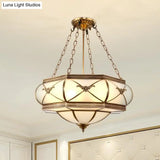 Traditional Brass Semi Flush Mount Ceiling Lamp With Opal Glass Drum – 4 Lights