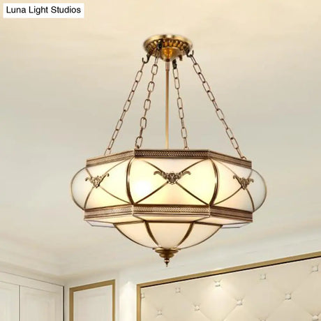 Traditional Brass Semi Flush Mount Ceiling Lamp With Opal Glass Drum – 4 Lights