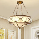 Traditional Brass Semi Flush Mount Ceiling Lamp With Opal Glass Drum – 4 Lights