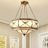 Traditional Brass Semi Flush Mount Ceiling Lamp With Opal Glass Drum – 4 Lights