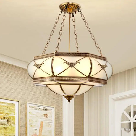Traditional Brass Semi Flush Mount Ceiling Lamp With Opal Glass Drum – 4 Lights