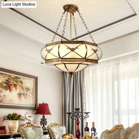 Traditional Brass Semi Flush Mount Ceiling Lamp With Opal Glass Drum – 4 Lights