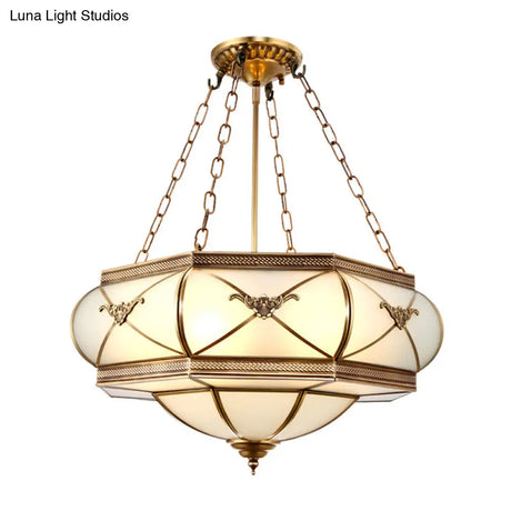 Traditional Brass Semi Flush Mount Ceiling Lamp With Opal Glass Drum – 4 Lights