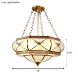 Traditional Brass Semi Flush Mount Ceiling Lamp With Opal Glass Drum – 4 Lights
