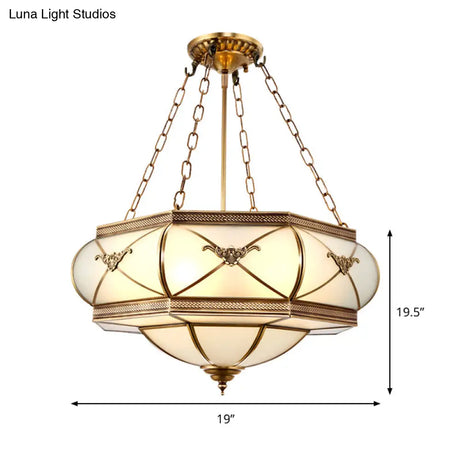 Traditional Brass Semi Flush Mount Ceiling Lamp With Opal Glass Drum – 4 Lights