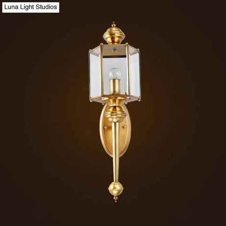 Traditional Brass Wall Light Fixture With Transparent Glass - Polygon Hallway Mount Lighting