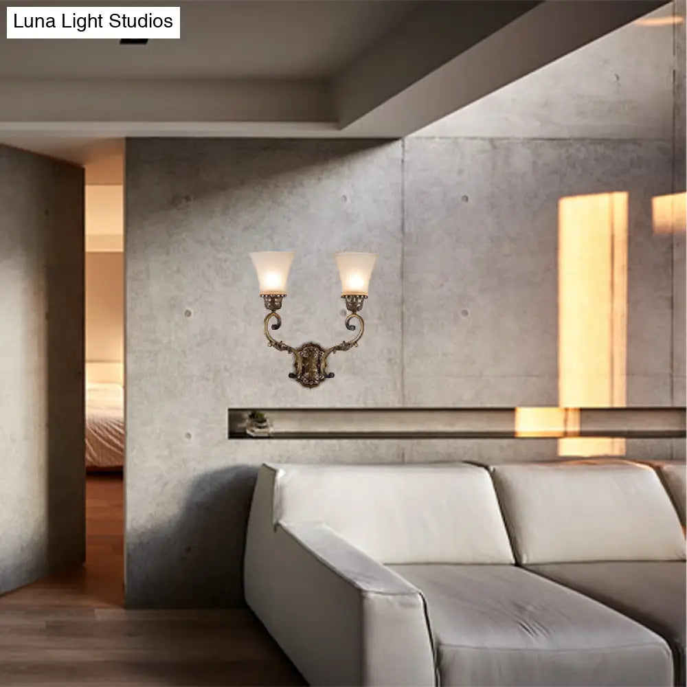 Traditional Brass Wall Sconce Lamp With 2 Curvy Arm Lights And Bell White Glass Shade