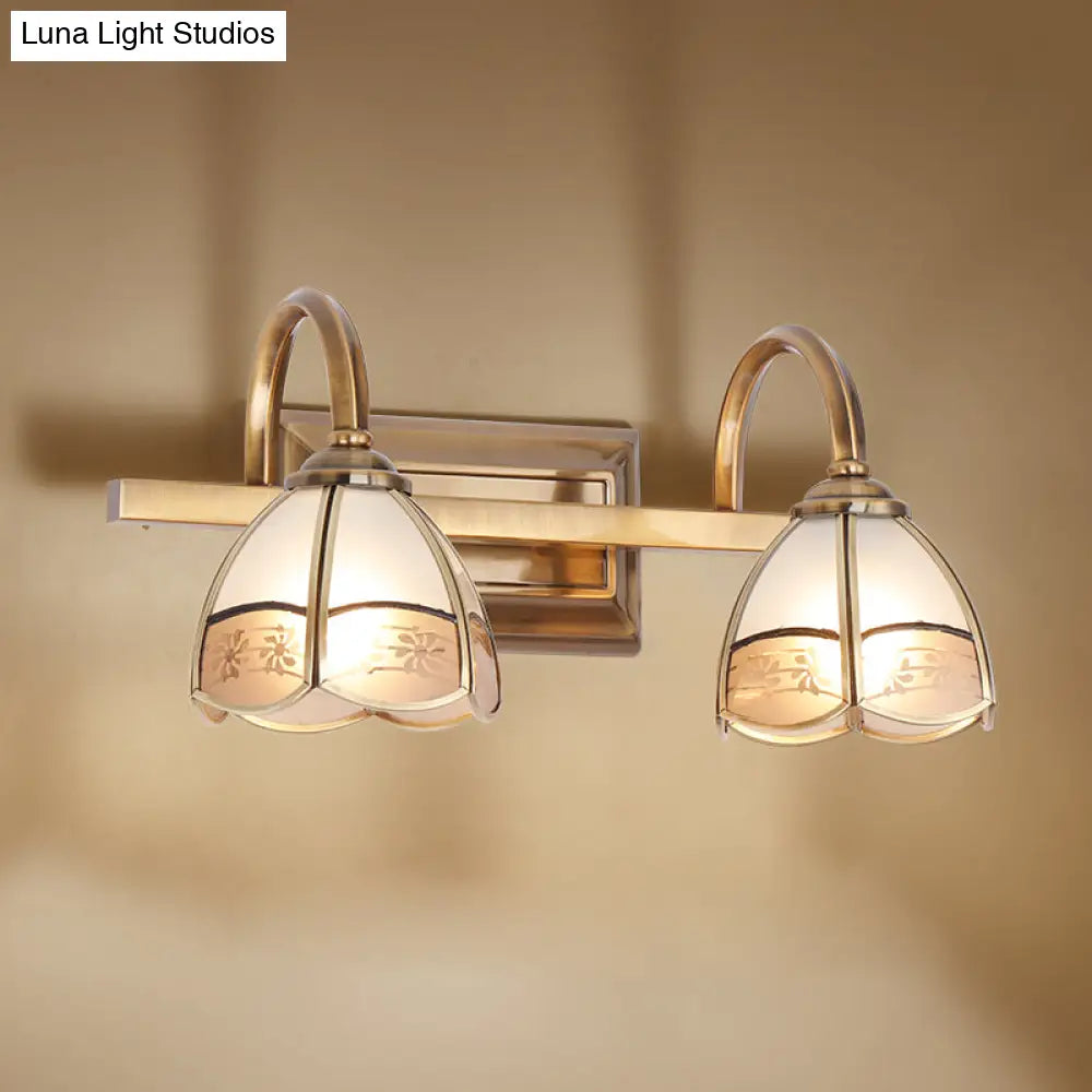 Traditional Brass Wall Sconce With Frosted Glass Dome Shade - 2/3 Bulb Vanity Light Fixture