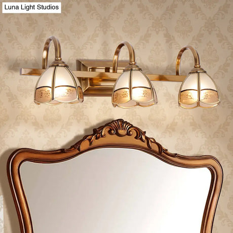 Traditional Brass Wall Sconce With Frosted Glass Dome Shade - 2/3 Bulb Vanity Light Fixture