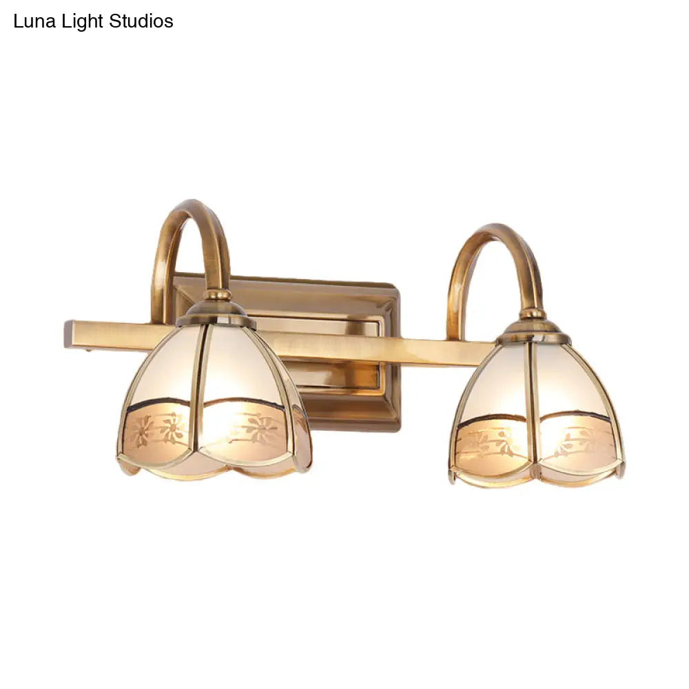 Traditional Brass Wall Sconce With Frosted Glass Dome Shade - 2/3 Bulb Vanity Light Fixture
