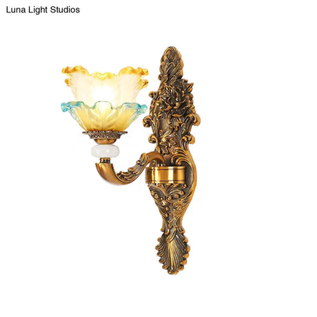 Traditional Brass Wall Sconce With Yellow And Blue Glass Accents Lettuce-Edge Mount Lamp 1/2-Head