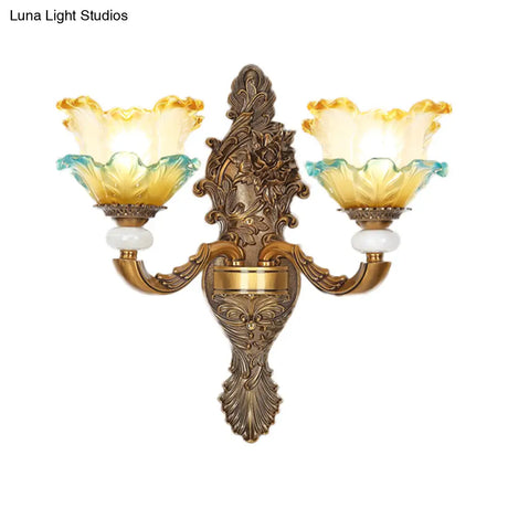 Traditional Brass Wall Sconce With Yellow And Blue Glass Accents Lettuce-Edge Mount Lamp 1/2-Head