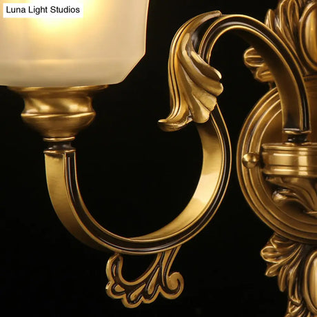 Traditional Bronze 2-Bulb Wall Sconce With Curved Arm And Bell White Glass Shade