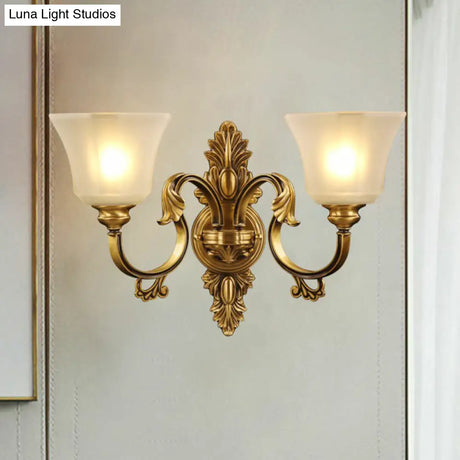 Traditional Bronze 2-Bulb Wall Sconce With Curved Arm And Bell White Glass Shade