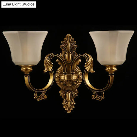 Traditional Bronze 2-Bulb Wall Sconce With Curved Arm And Bell White Glass Shade