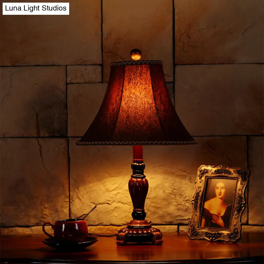 Traditional Brown Fabric Table Lamp With Flared Shade For Bedroom
