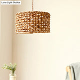 Traditional Brown Rattan Drum Pendant Light | Single Bulb Hanging Lamp for Dining Room Brown