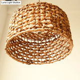 Traditional Brown Rattan Drum Pendant Light | Single Bulb Hanging Lamp for Dining Room Brown