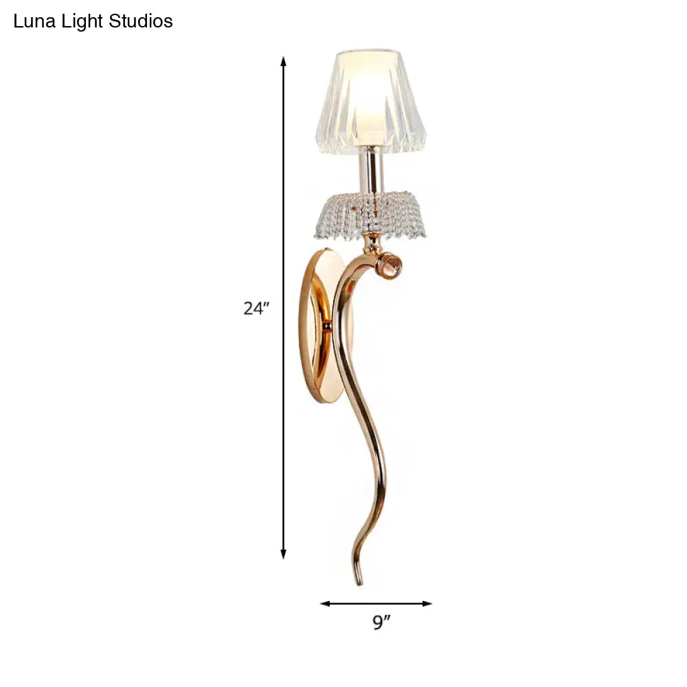 Traditional Clear Crystal Bedroom Wall Sconce Light - Gold Lamp With Curvy Metal Arm