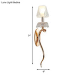 Traditional Clear Crystal Bedroom Wall Sconce Light - Gold Lamp With Curvy Metal Arm