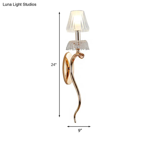 Traditional Clear Crystal Bedroom Wall Sconce Light - Gold Lamp With Curvy Metal Arm
