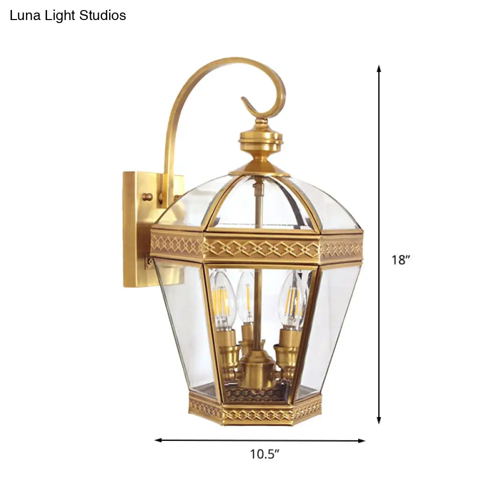 Traditional Clear Glass Pot Wall Lamp Brass Sconce Light Fixture For Bedroom (3 Bulbs)