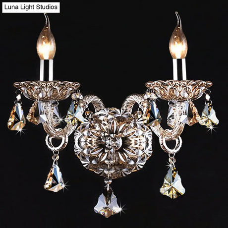 Traditional Cognac Crystal Wall Sconce Light Fixture For Bedroom - 2-Head Candle