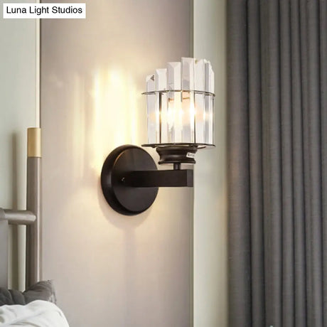 Traditional Crystal Black Cylinder Wall Sconce Light With 1 Bulb Ideal For Sitting Room Decor