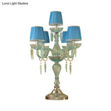 Traditional Crystal Blue Nightstand Lamp With Fabric Shade - Sleep In Style 5/6/7 Bulb Candlestick