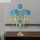 Traditional Crystal Blue Nightstand Lamp With Fabric Shade - Sleep In Style 5/6/7 Bulb Candlestick