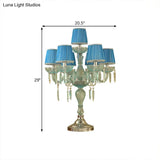 Traditional Crystal Blue Nightstand Lamp With Fabric Shade - Sleep In Style 5/6/7 Bulb Candlestick
