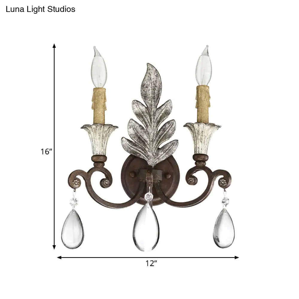 Traditional Crystal Candlestick Rust/Aged Silver Wall Sconce Light Fixture - Elegant Living Room