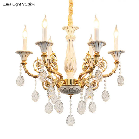 Traditional Crystal Chandelier - Elegant Gold Candle Lamp With 6 Heads For Bedroom Ceiling Ceramic