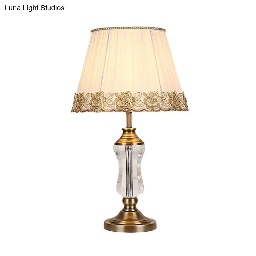Traditional Crystal Conical Nightstand Lamp With Braided Trim - White