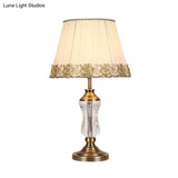 Traditional Crystal Conical Nightstand Lamp With Braided Trim - White