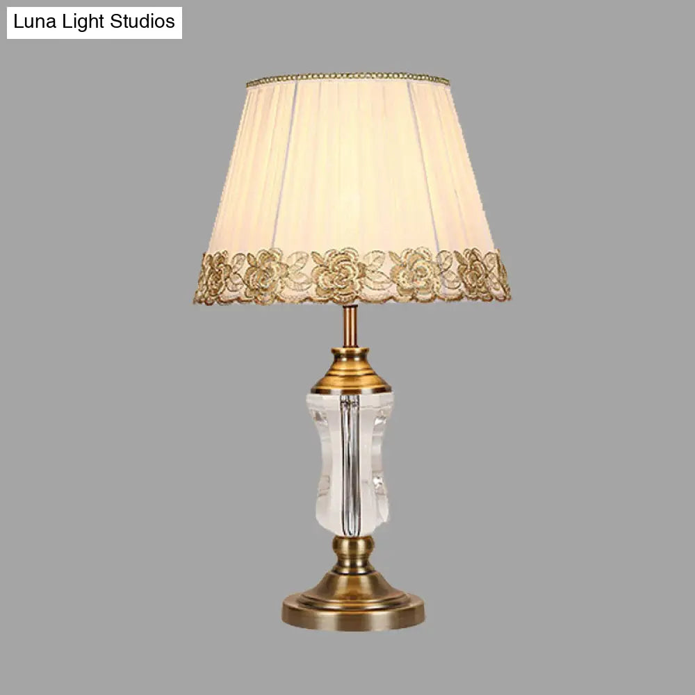 Traditional Crystal Conical Nightstand Lamp With Braided Trim - White