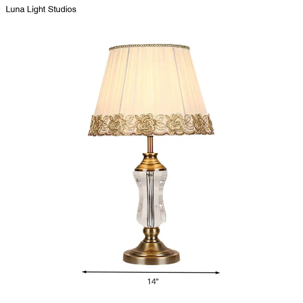 Traditional Crystal Conical Nightstand Lamp With Braided Trim - White