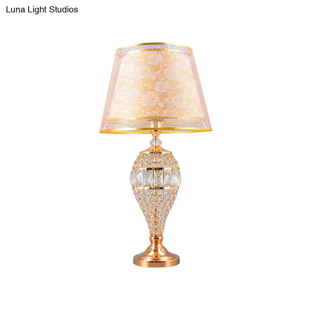 Traditional Crystal Teardrop Table Lamp With Patterned Fabric Shade - Gold Finish