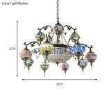 Traditional Curved Arm Metal Chandelier With Colorful Glass Shades - Bronze Finish (15 Heads)