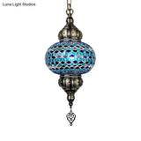 Traditional Cut Glass Oval Pendant Light- Beige/Yellow/Blue- Dining Room Fixture