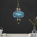 Traditional Cut Glass Oval Pendant Light- Beige/Yellow/Blue- Dining Room Fixture Blue