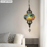 Traditional Cut Glass Oval Pendant Light- Beige/Yellow/Blue- Dining Room Fixture