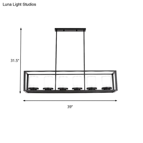 Traditional Cylinder Glass Island Light With Black Rectangle Frame - 3/6 Lights Dining Room Hanging