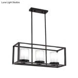 Traditional Cylinder Glass Island Light With Black Rectangle Frame - 3/6 Lights Dining Room Hanging