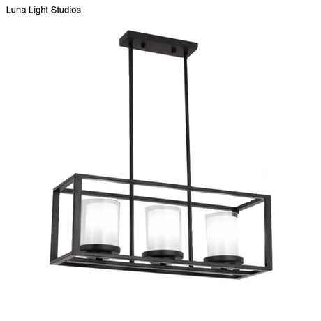 Traditional Cylinder Glass Island Light With Black Rectangle Frame - 3/6 Lights Dining Room Hanging