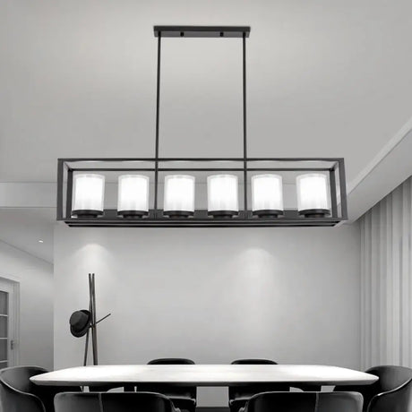 Traditional Cylinder Glass Island Light With Black Rectangle Frame - 3/6 Lights Dining Room Hanging