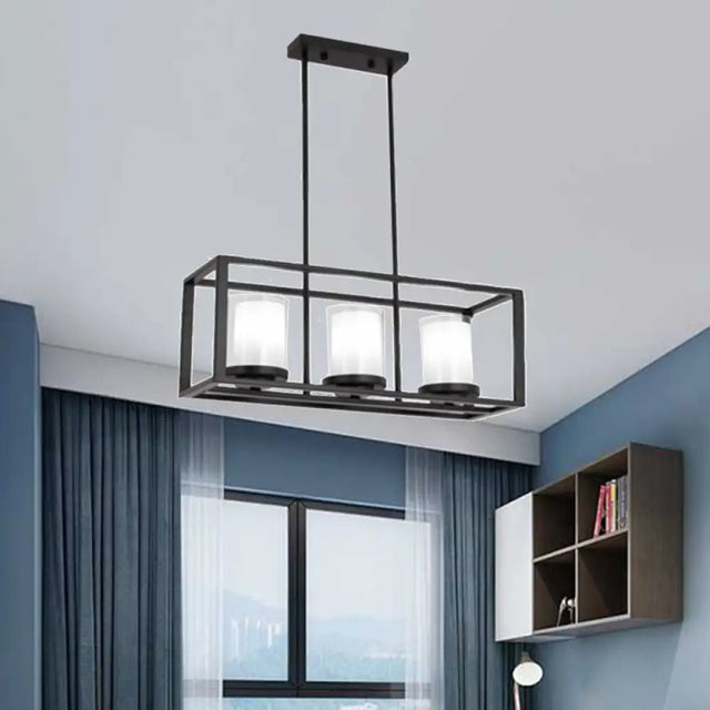Traditional Cylinder Glass Island Light With Black Rectangle Frame - 3/6 Lights Dining Room Hanging